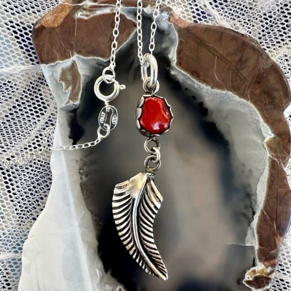 Vintage 70’s Red Coral & Sterling Feather Pendant Necklace - Picture 9 of 10